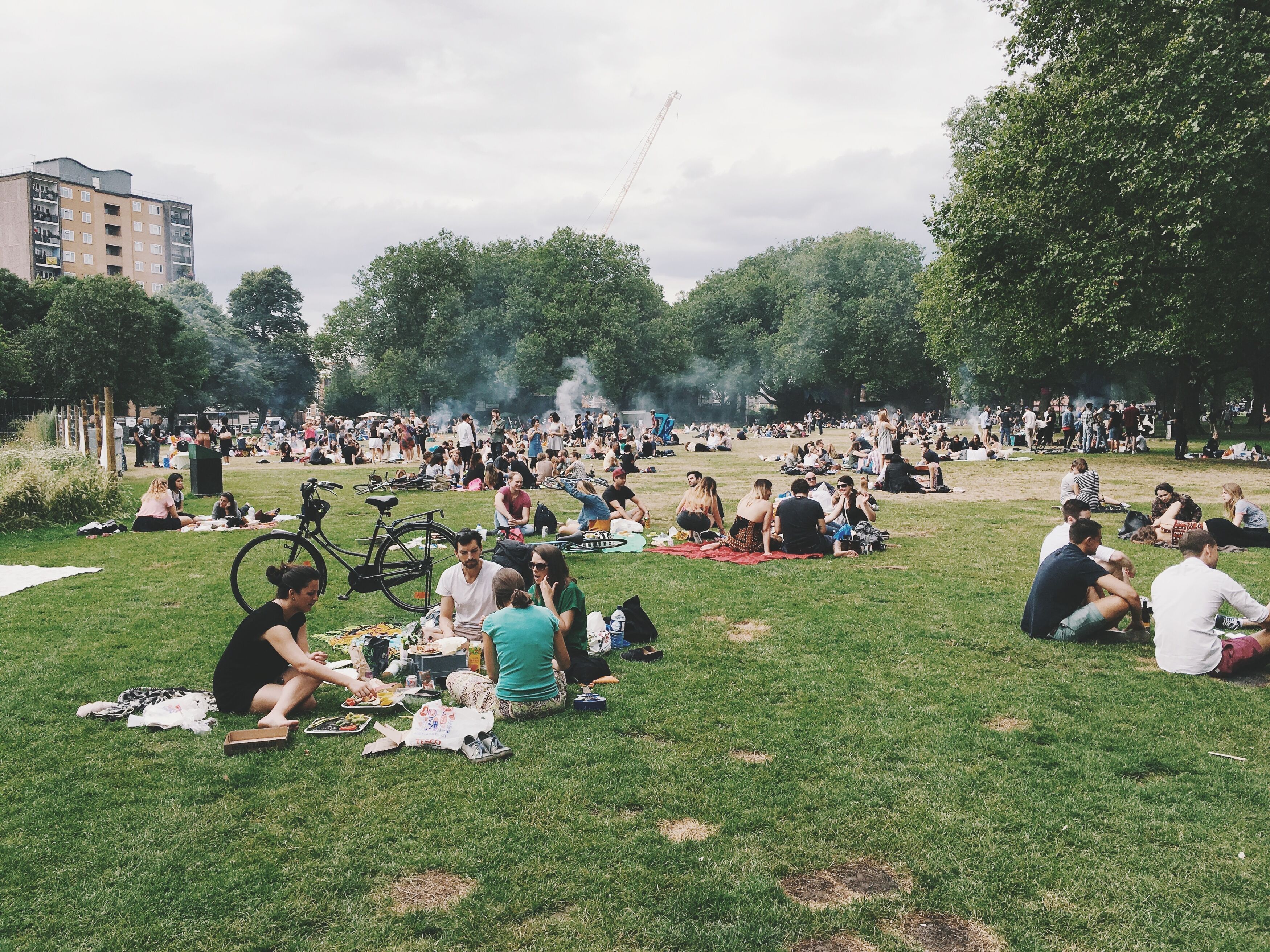 This photo captures a lively scene in a city park, filled with people spread across the grass, relaxing, picnicking and enjoying a sunny day. It reflects human connection and leisure.